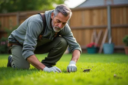 Homme jardinant observant des fourmis portant des graines