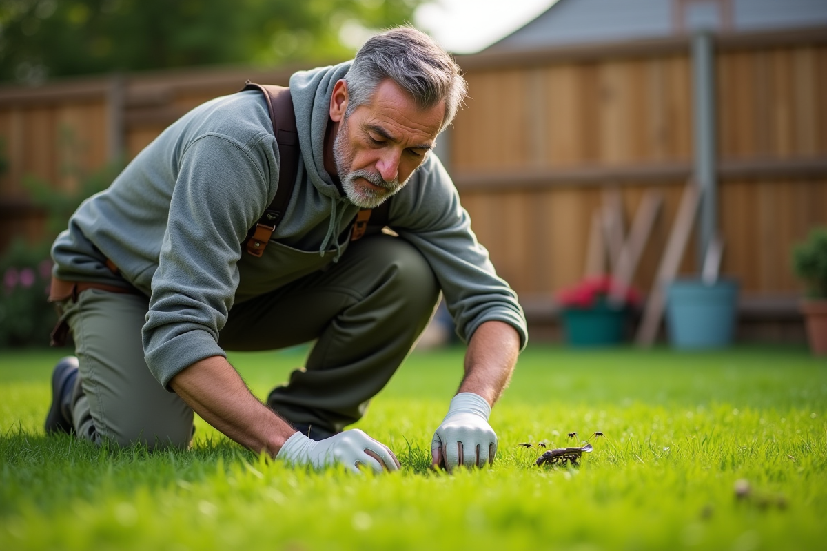 Homme jardinant observant des fourmis portant des graines