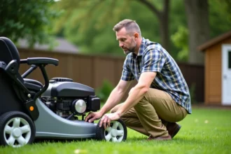 Homme d'âge moyen examine un tondeuse dans son jardin