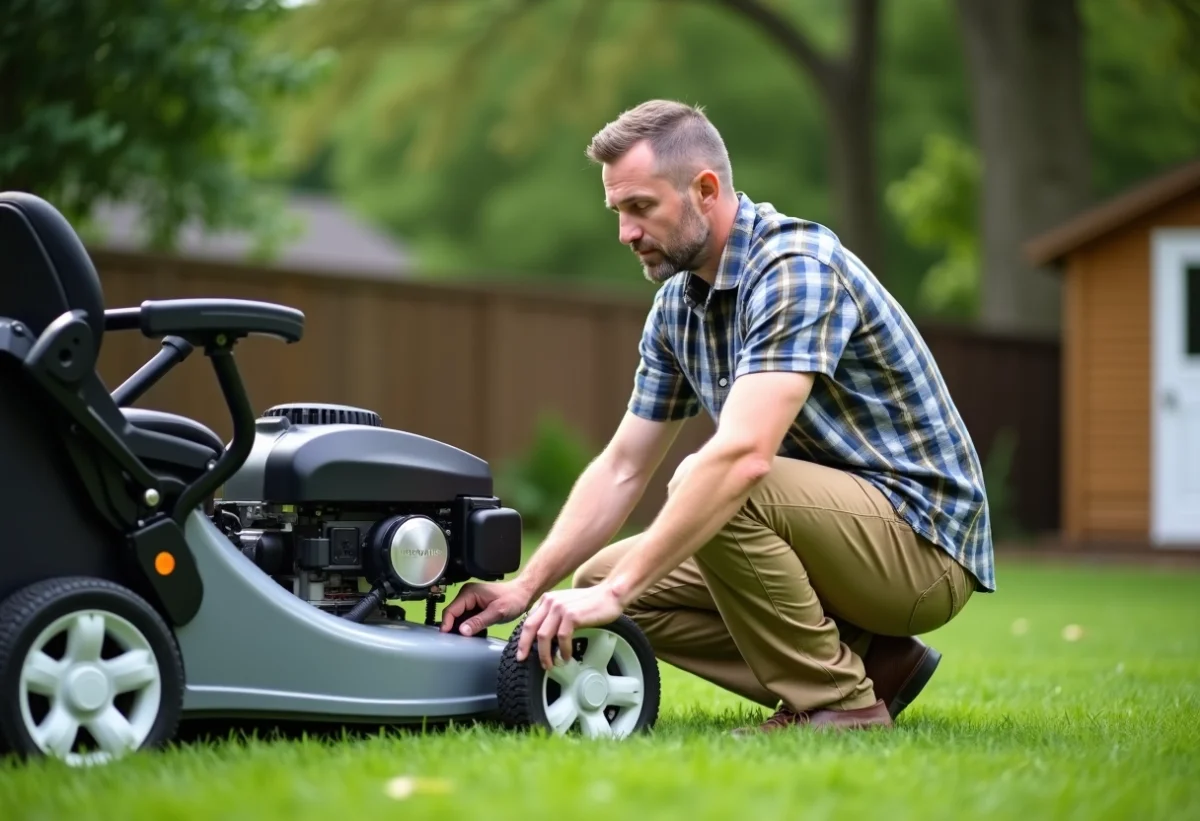 Homme d'âge moyen examine un tondeuse dans son jardin