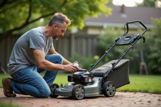 Homme d'âge moyen appliquant du lubrifiant sous une tondeuse à gazon