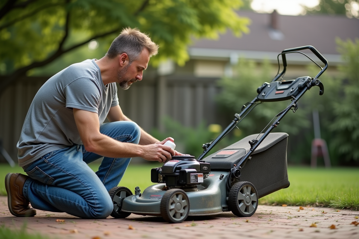 Homme d'âge moyen appliquant du lubrifiant sous une tondeuse à gazon