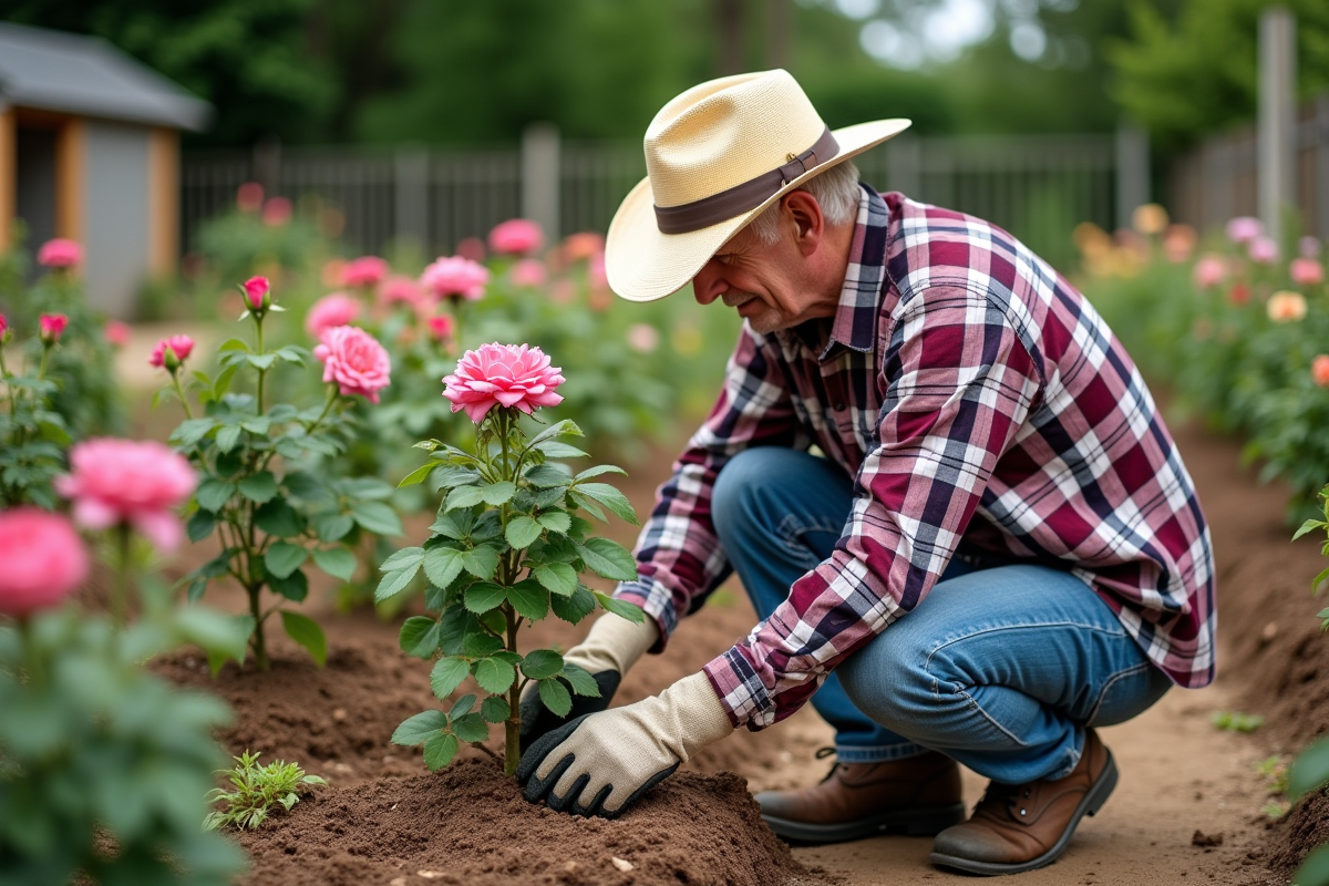 Homme âgé appliquant du mulch autour de rosiers en jardin