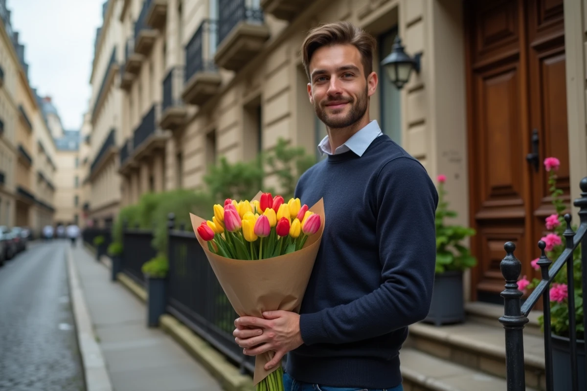 Jeune homme offrant un bouquet de tulipes rouges et jaunes devant un immeuble parisien, symbolisant un message floral