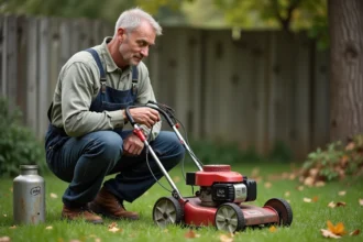 Homme d'âge moyen inspectant une tondeuse vintage dans le jardin