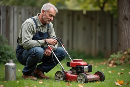 Homme d'âge moyen inspectant une tondeuse vintage dans le jardin