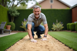 Homme souriant en polo pose du sable sur gazon artificiel