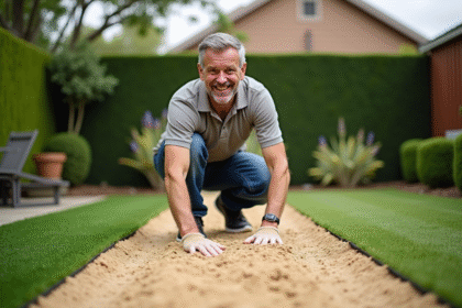 Homme souriant en polo pose du sable sur gazon artificiel
