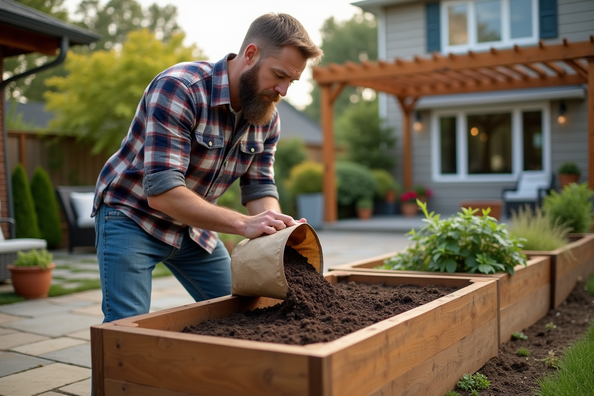 Homme versant du terreau dans un lit de jardin sur patio