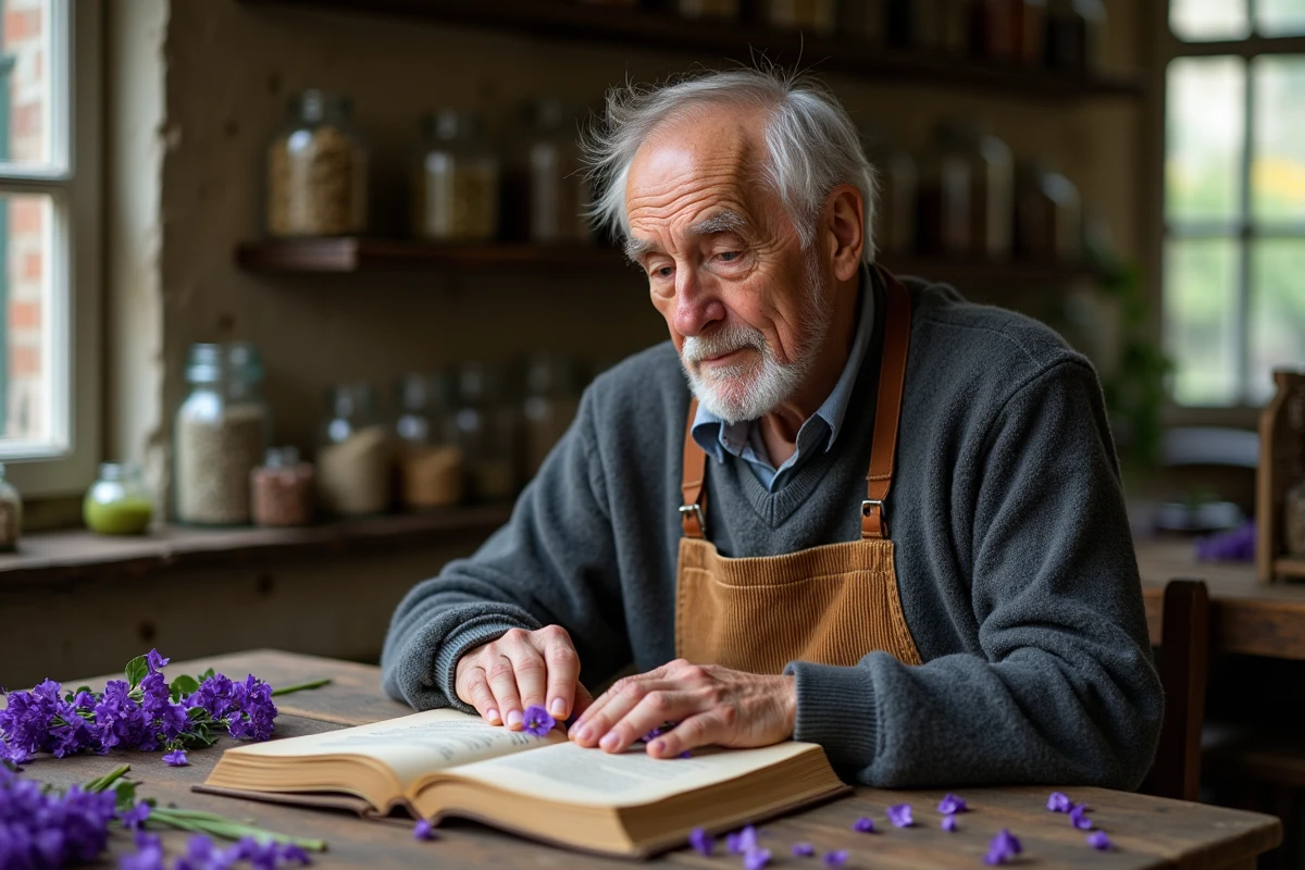 Homme âgé pressant des violettes dans un livre ancien