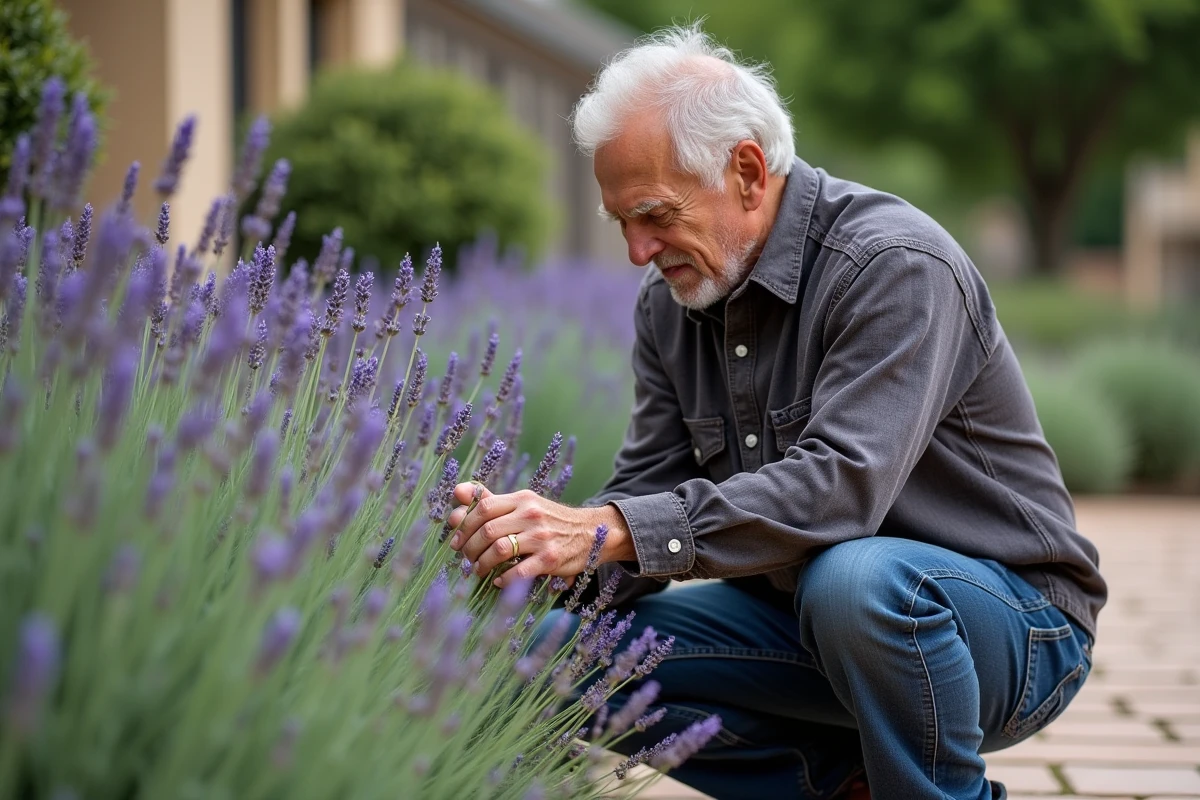 Homme âgé inspectant la lavande avant la taille