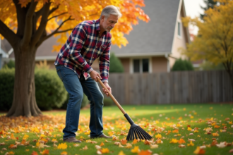 Homme d'âge moyen ratisant des feuilles d'automne dans le jardin