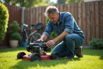 Homme d'âge moyen examine un moteur de tondeuse dans le jardin