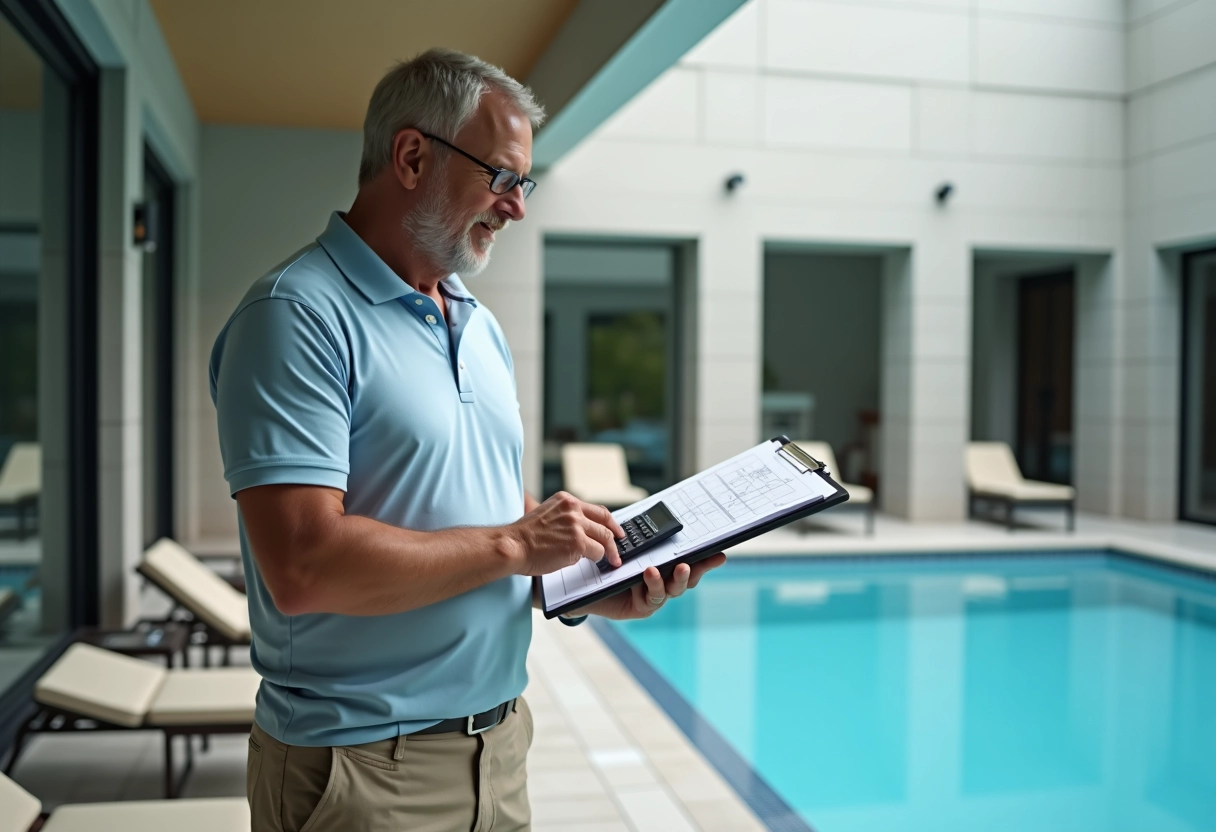Homme avec tablette et plan de piscine intérieur