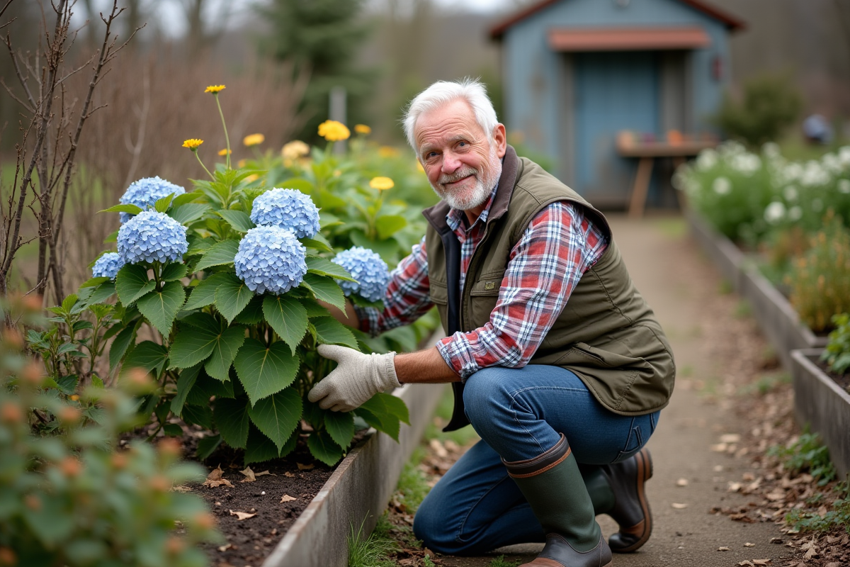 Homme âgé montrant comment tailler un hortensia