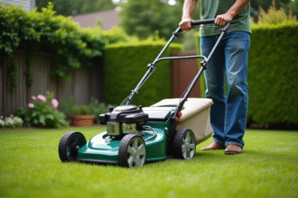 Homme d'âge moyen poussant une tondeuse dans un jardin