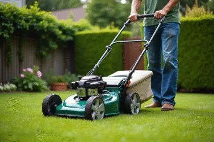 Homme d'âge moyen poussant une tondeuse dans un jardin
