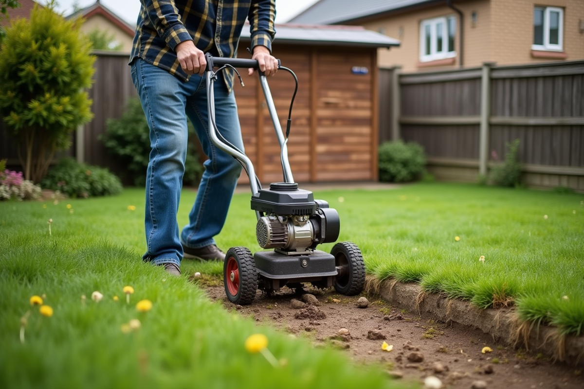 Homme moyenâgeux utilisant scarificateur sur pelouse de jardin