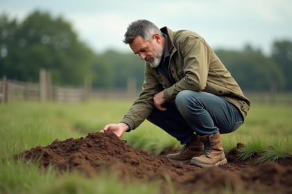 Homme en tenue de travail agricole examinant la terre