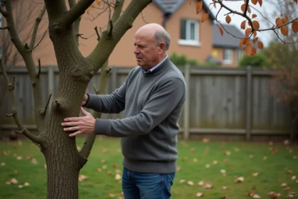 Homme d'âge moyen inspectant un figuier dans son jardin en automne