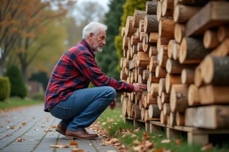 Homme en jeans inspectant un tas de bois de chauffage dehors