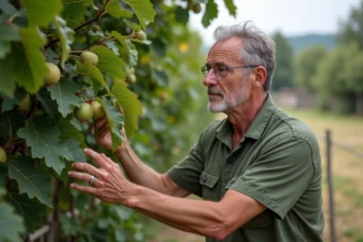 Homme inspectant un figuier mature dans un jardin rural