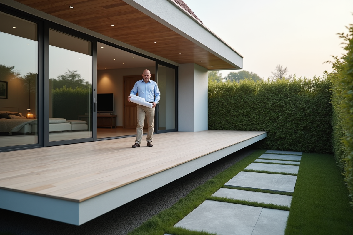 Homme inspectant une terrasse composite moderne avec plans
