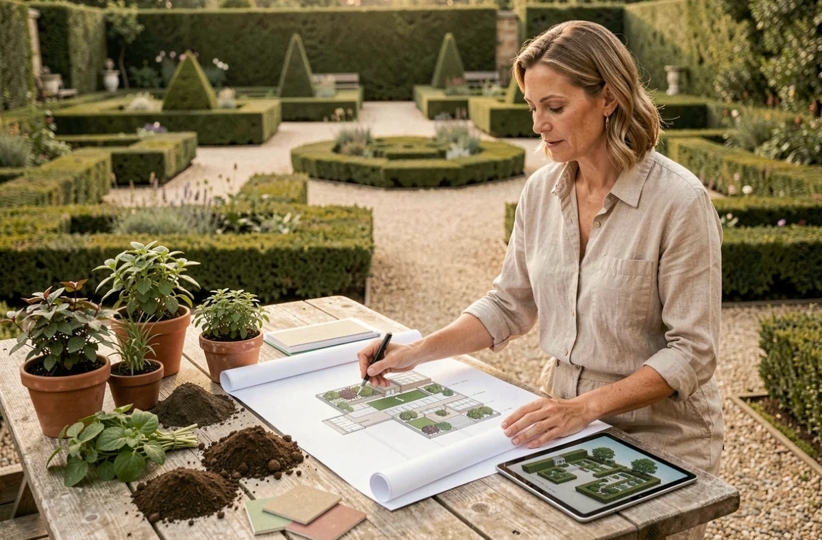 Designer paysagiste d'Horizon Jardin consultant des plans d'aménagement pour un projet de jardin dans le Calvados