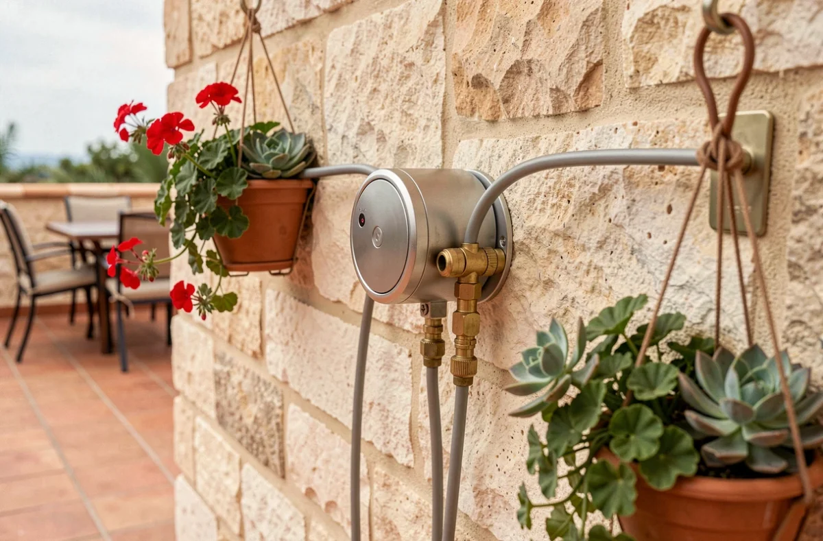 Détail d'un hub d'irrigation mural discret sur une terrasse méditerranéenne avec des pots suspendus de géraniums et de succulentes