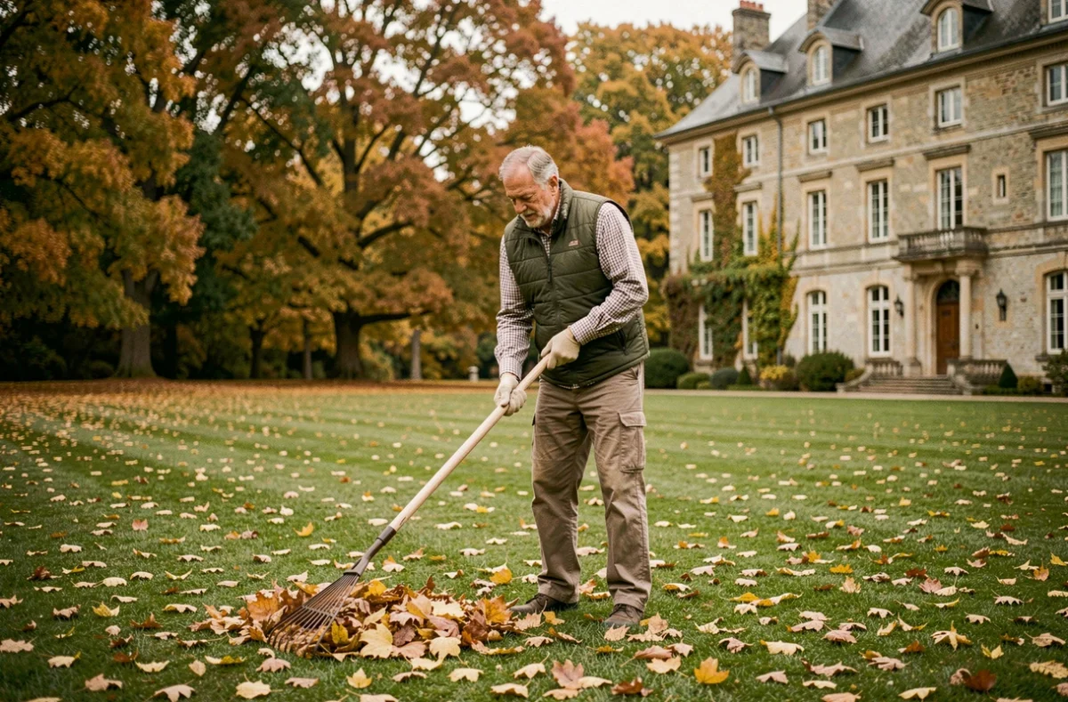 Jardinier Huet ramassant les feuilles d'automne dans le jardin d'un manoir normand en pierre
