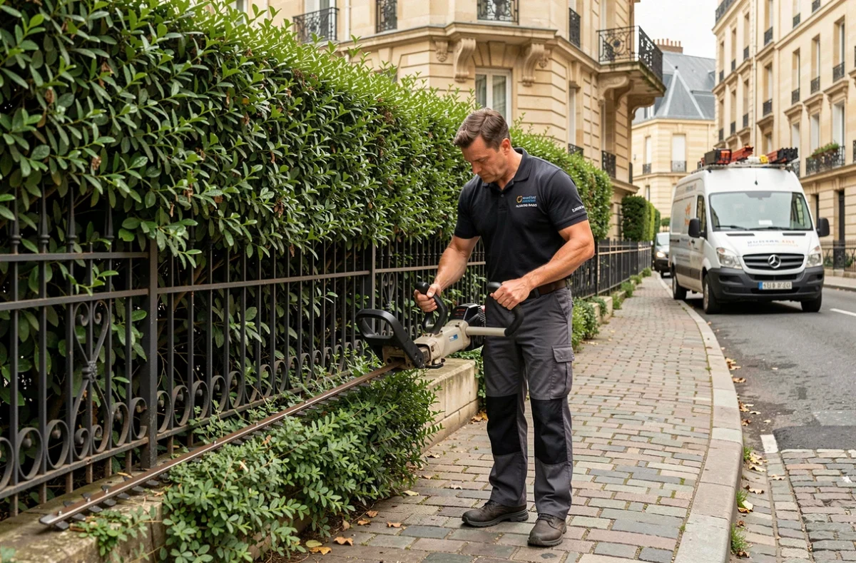 Ouvrier multiservice d'ICEM Rénovation taillant une haie de troène devant une propriété parisienne