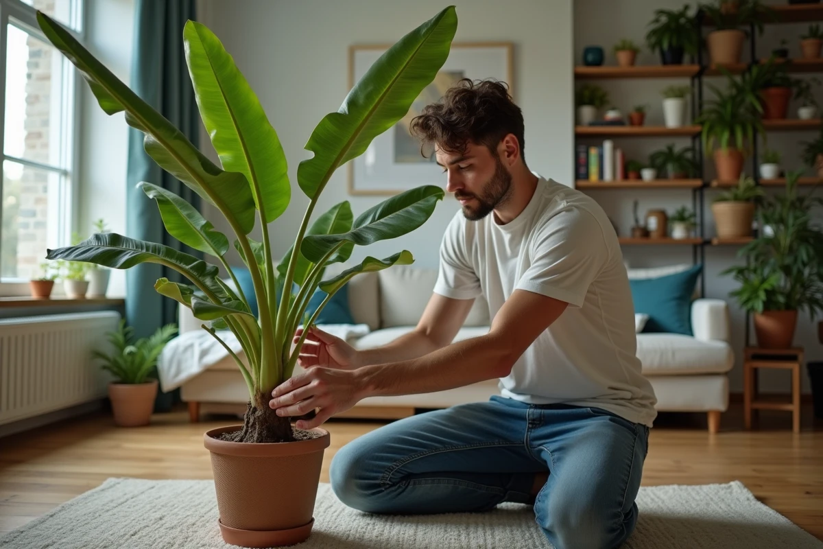Jeune homme vérifiant un bananier en intérieur