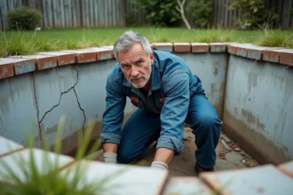 Entrepreneur inspectant un ancien bassin de piscine en béton fissuré avant rénovation