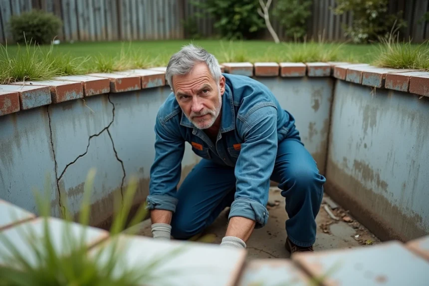 Entrepreneur inspectant un ancien bassin de piscine en béton fissuré avant rénovation