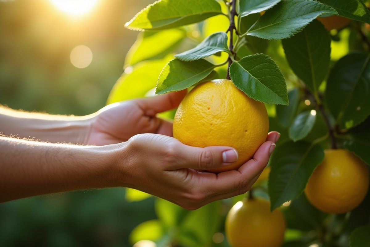 Jardinier inspectant les feuilles jaunes du citronnier au soleil