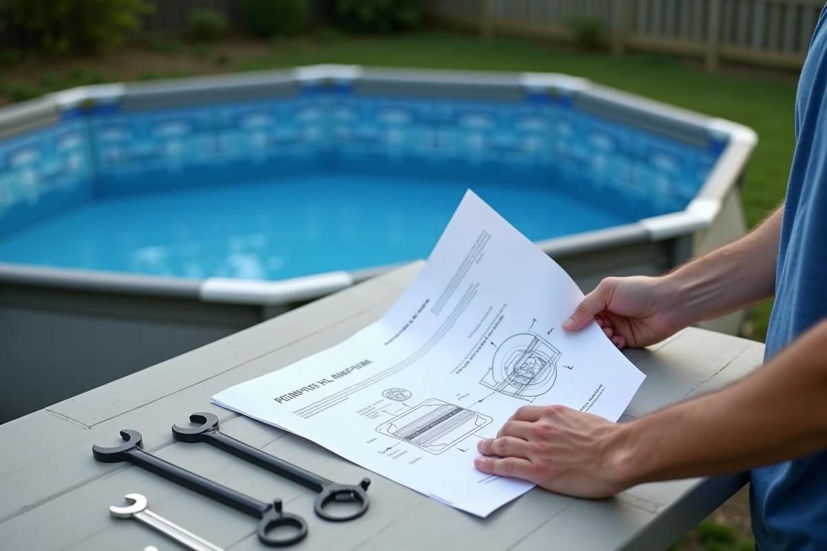 Mains suivant un schéma d'installation de pompe Intex sur une table de jardin avec outils de montage pour piscine hors-sol