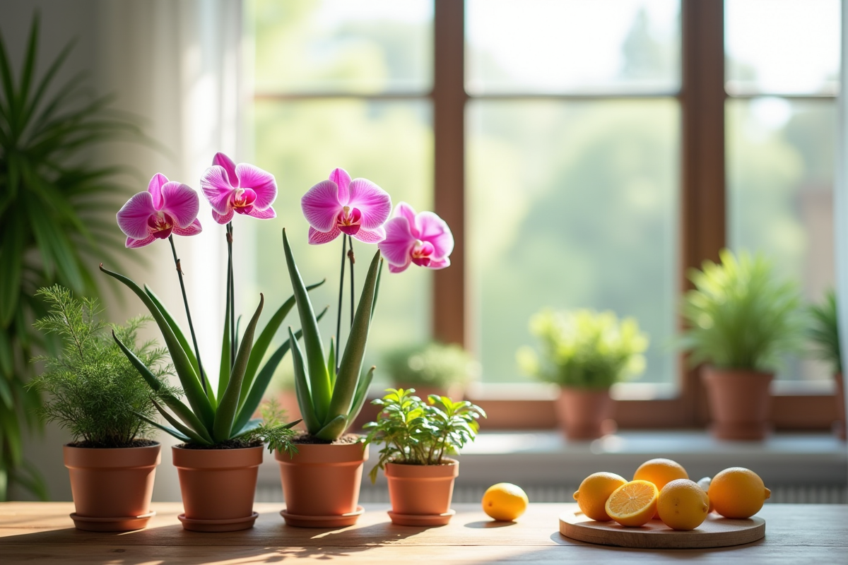 Intérieur cosy avec aloe vera et orchidées en lumière naturelle