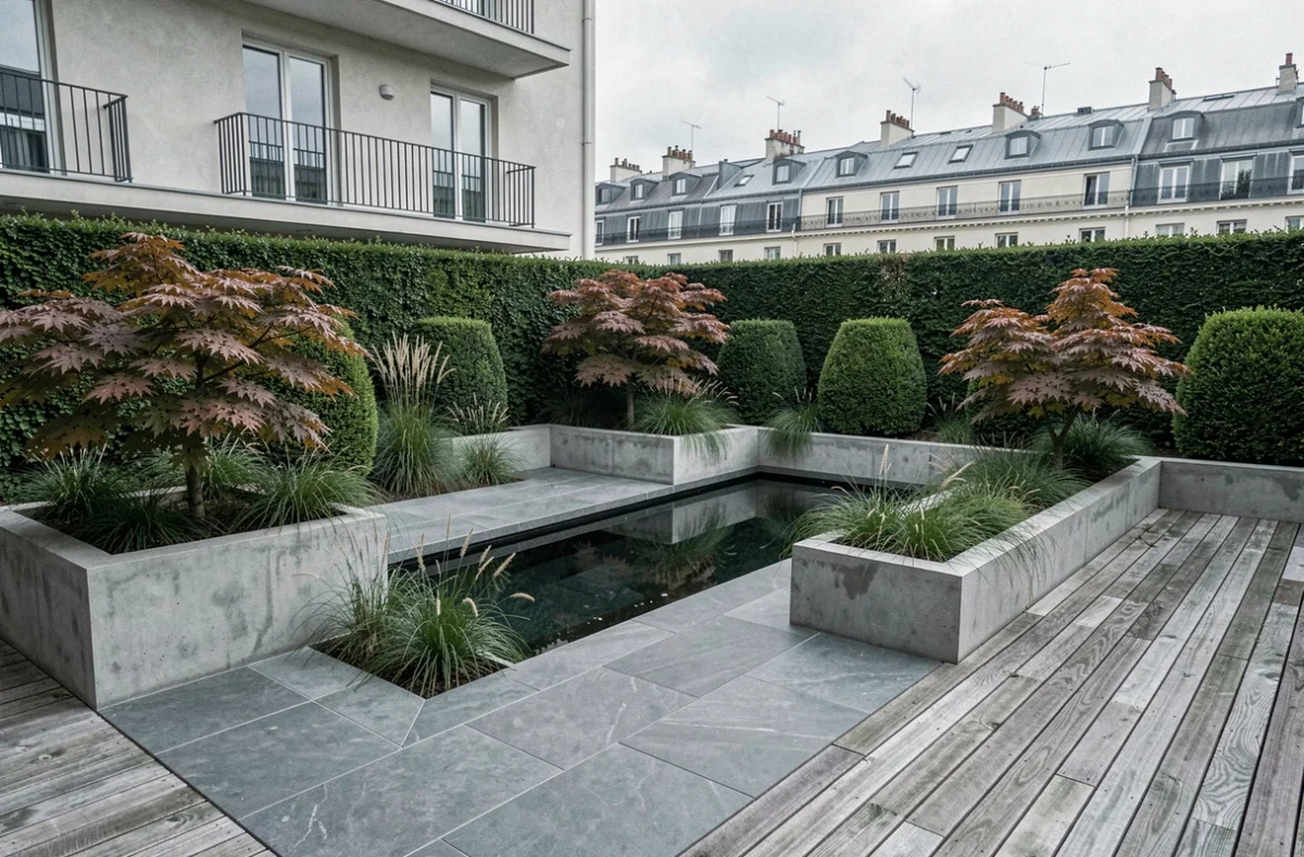 Jardin contemporain créé à Paris avec bassin réfléchissant, érables japonais et dalles en pierre grise