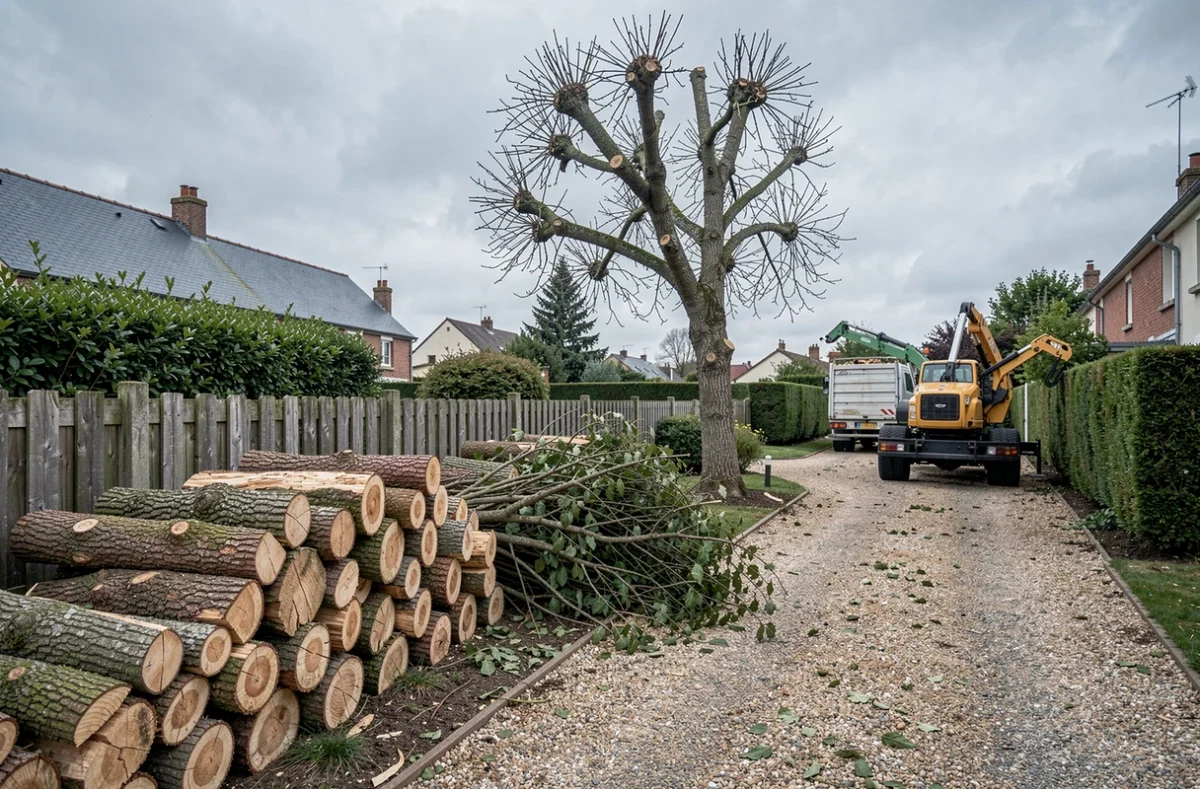 Jardin après une séance d'élagage professionnel avec bois empilé et broyeur à Langon