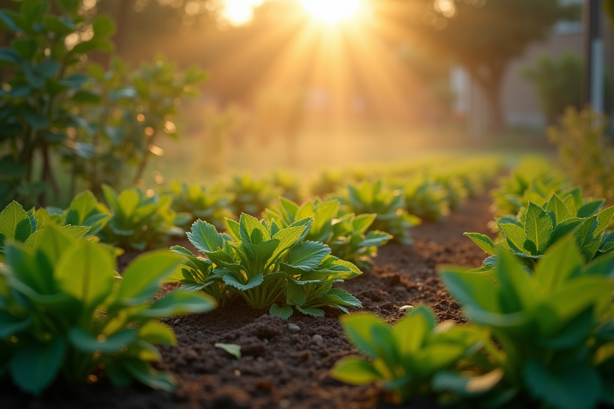 Jardin biologique bien entretenu au lever du soleil