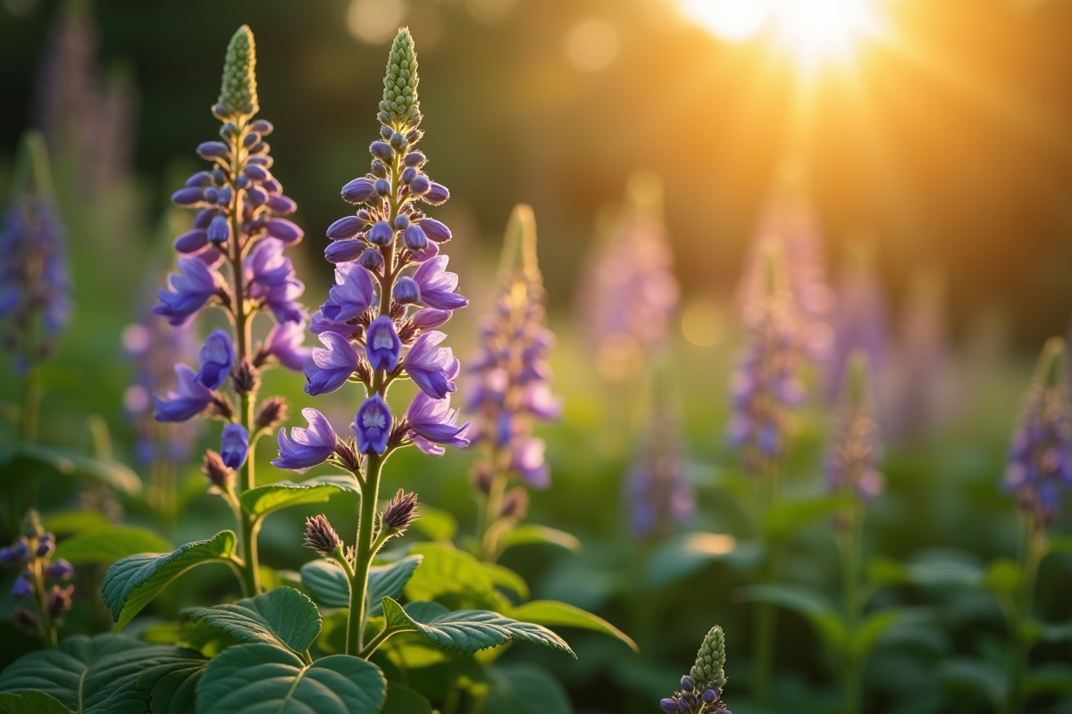 Jardin avec fleurs de larkspur en pleine floraison au soleil