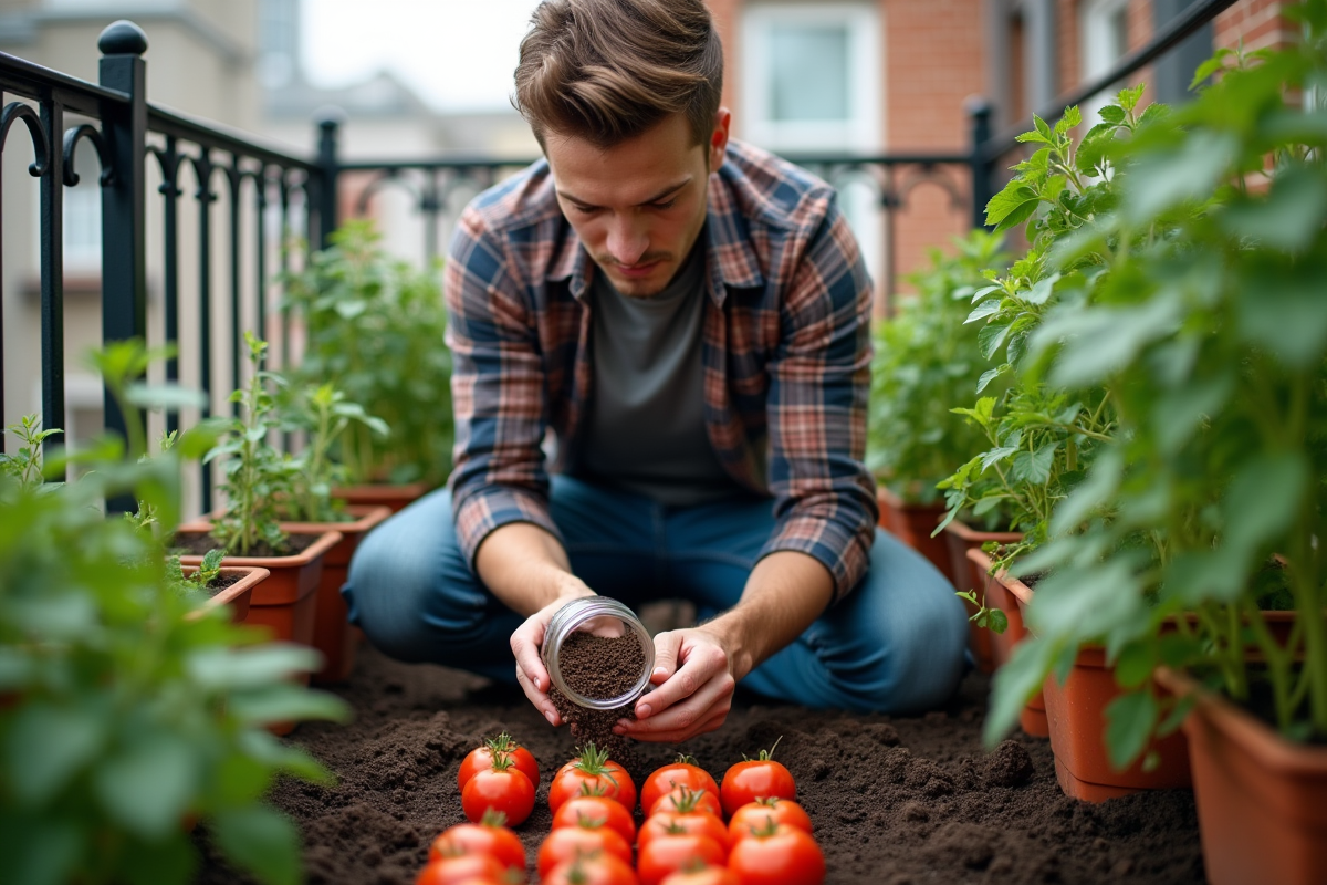 Jeune homme plantant des tomates sur un balcon urbain