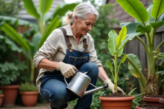 Femme arrosant un bananier dans son jardin