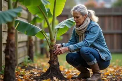 Femme d'âge moyen examine un bananier dans son jardin