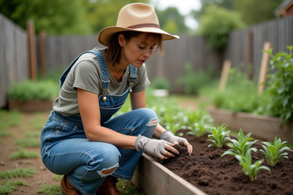 Femme en salopette en denim inspectant la terre dans son jardin