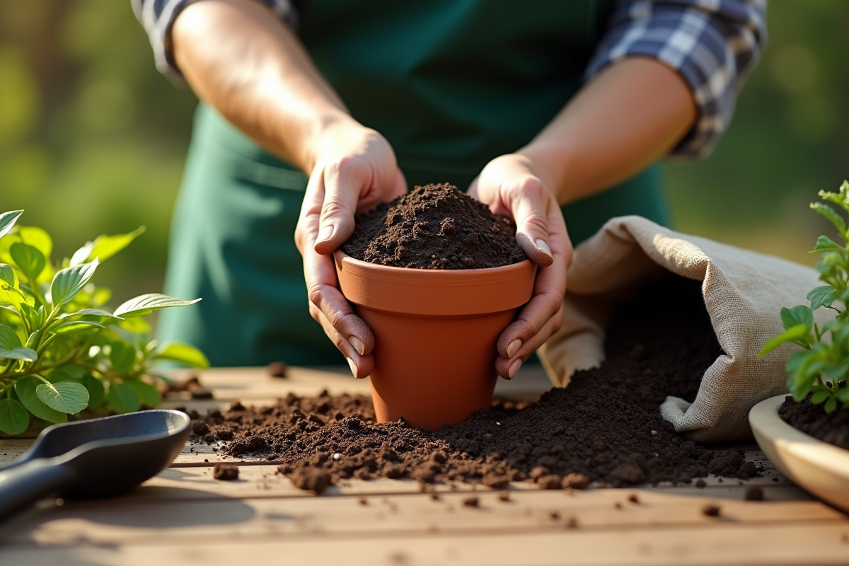 Mains de jardinier remplissant un petit pot avec de la terre