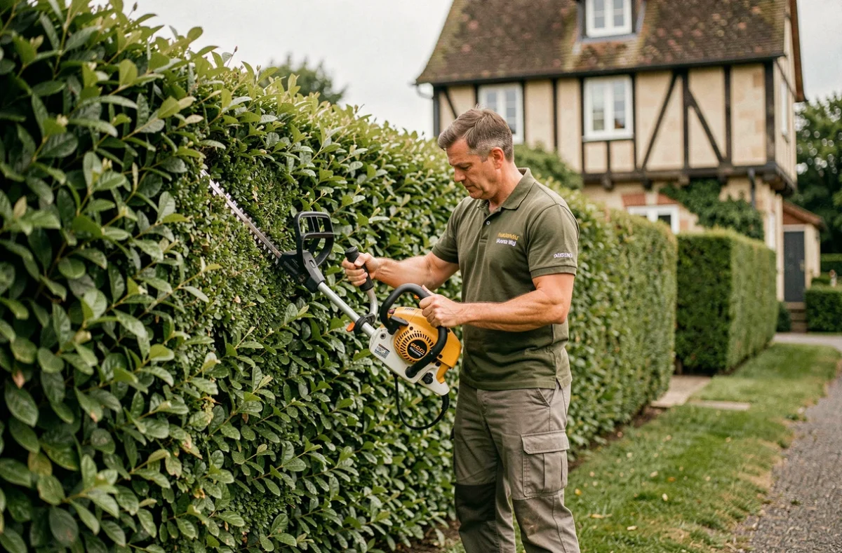 Technicien de Jardinage Services taillant une grande haie de hêtre au bord d'une propriété normande
