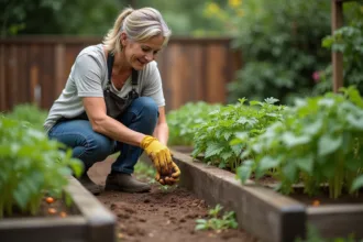 Femme jardinant avec terre et tomates dans un jardin