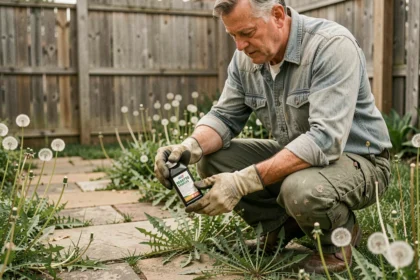 Jardinier portant des gants de protection lisant l'étiquette d'un herbicide concentré à base de glyphosate près d'un chemin envahi par les mauvaises herbes
