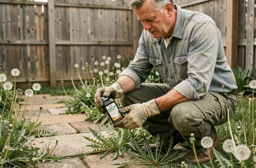 Jardinier portant des gants de protection lisant l'étiquette d'un herbicide concentré à base de glyphosate près d'un chemin envahi par les mauvaises herbes